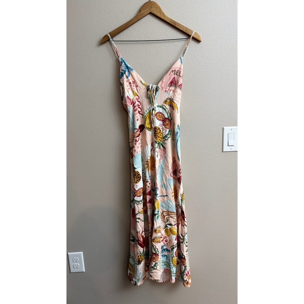 Paper Heart Midi Dress Small Tropical Fruit Print Linen Blend Tie Back Cutout